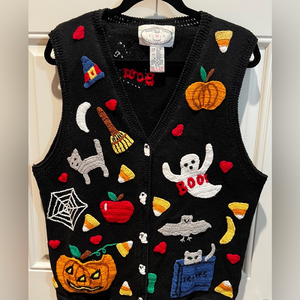 Halloween Black Sweater Vest w/Raised  Embroidered X-Large pre owned